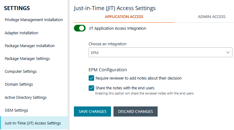JIT application access settings