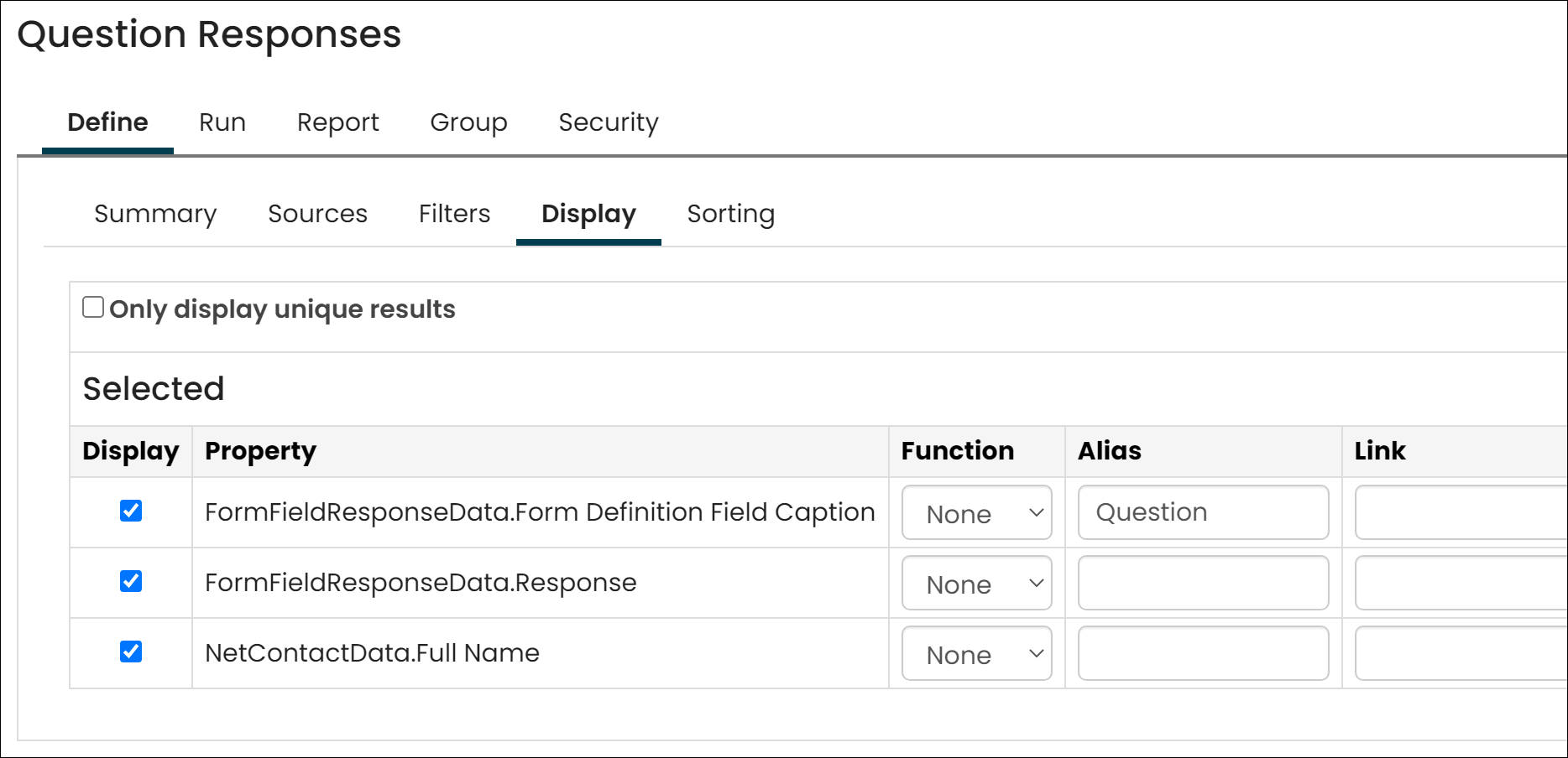 From the display tab, add the following properties.