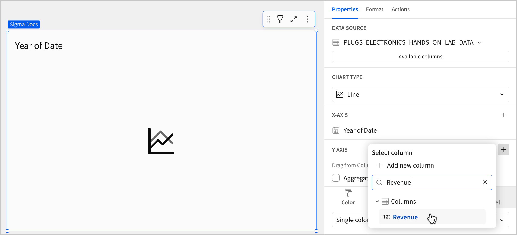 A blank line chart titled Year of Date with the cursor hovering over a column named Date in the Select column popover, the word "Revenue" entered in the search box, and a column named Year of Date configured in the X-axis property.