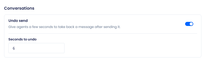 Screenshot of the Conversation section showing the Enable Undo toggle switched on and the Undo window field set to 5 seconds