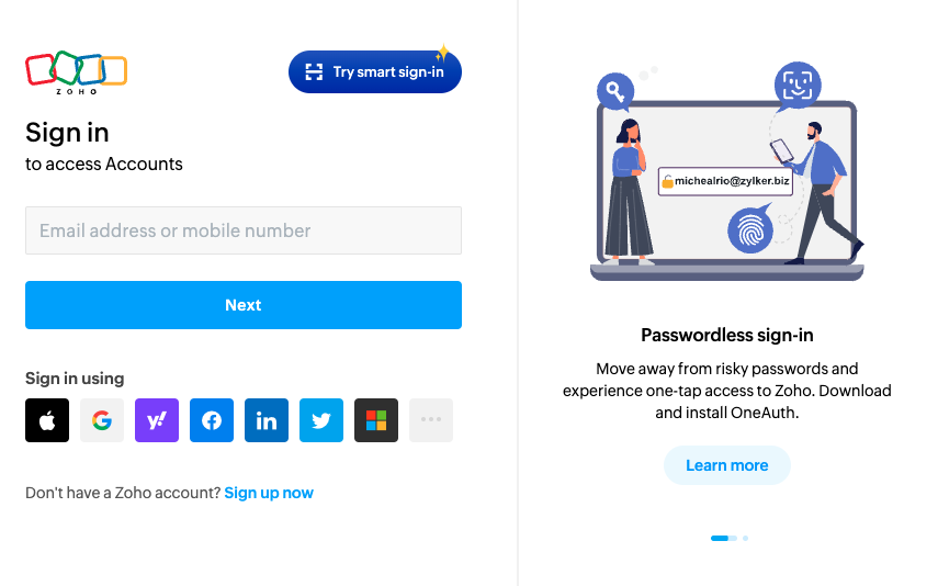 Screenshot with Zoho sign-in window
