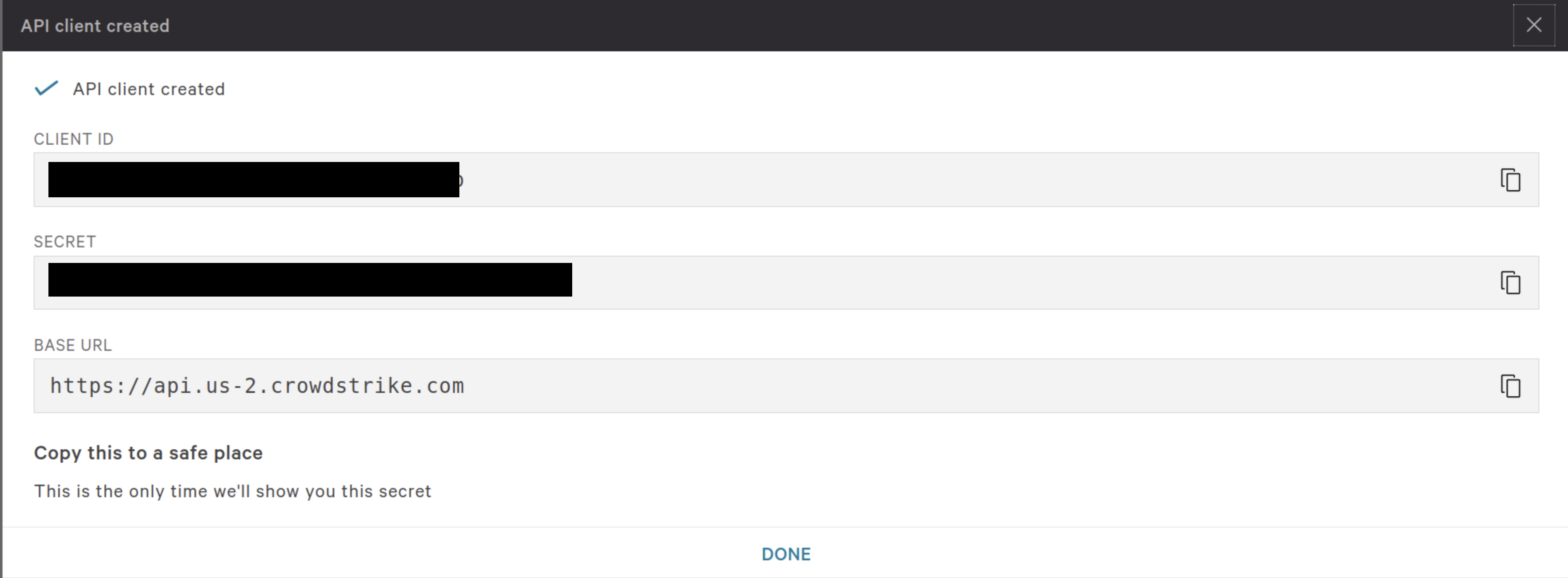 FIG. 4 - Copying the Client ID, Secret, and Base URL from the Crowdstrike API Client