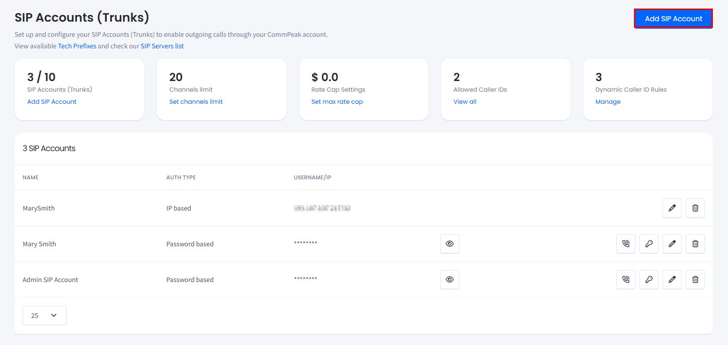 Screenshot of SIP accounts page in CommPeak Portal