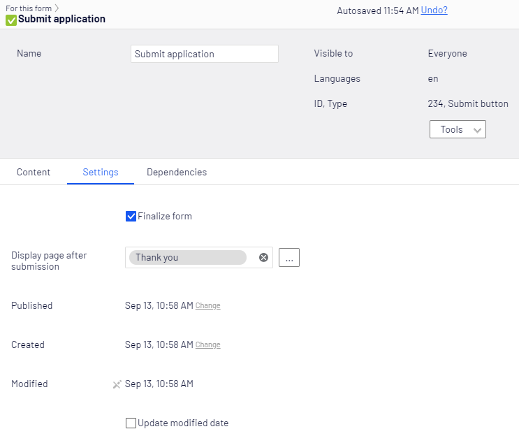 Screenshot of the Submit button element Settings tab with Finalize form and Display page after submission options where editors configure post-submission behavior