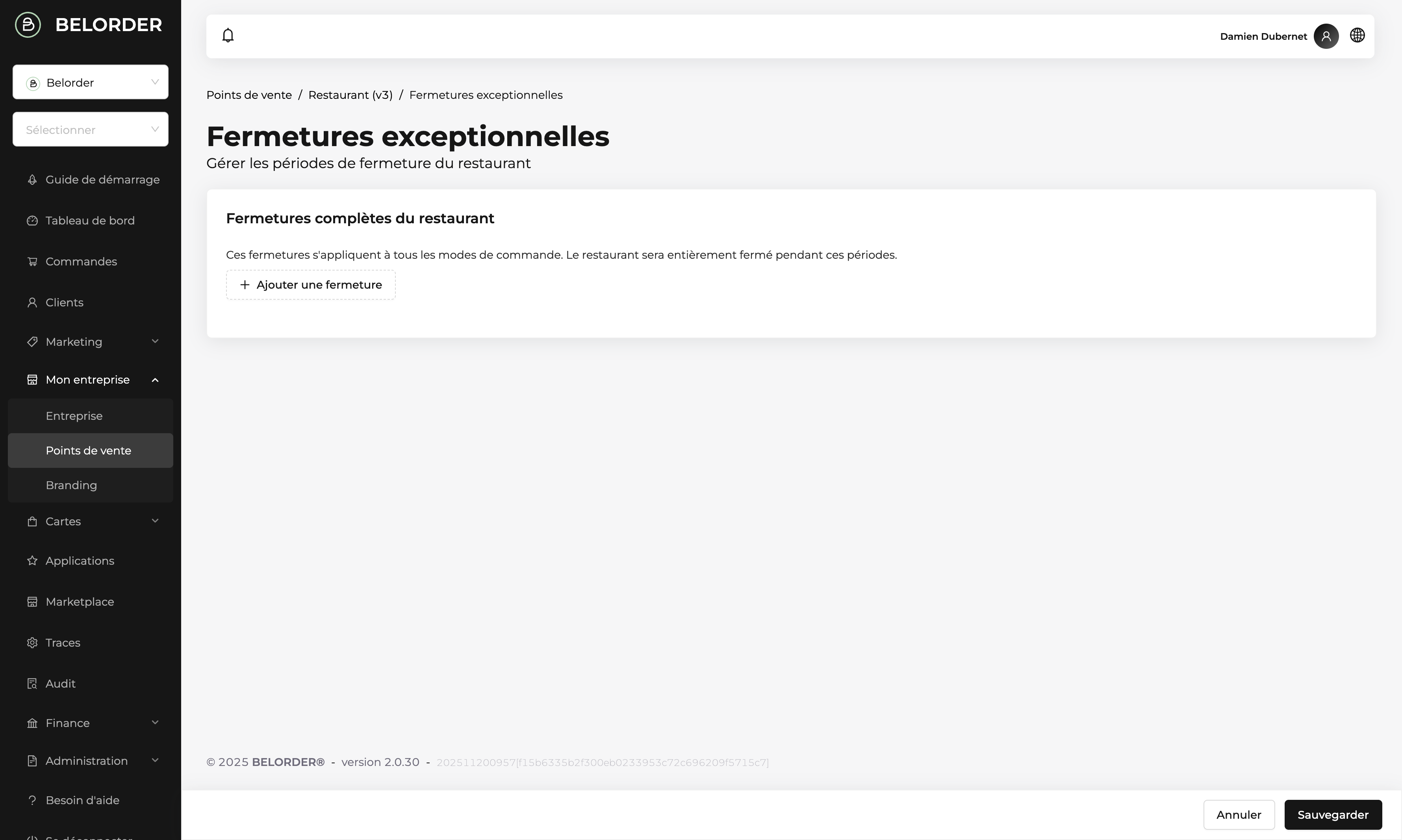 Menu Fermetures exceptionnelles