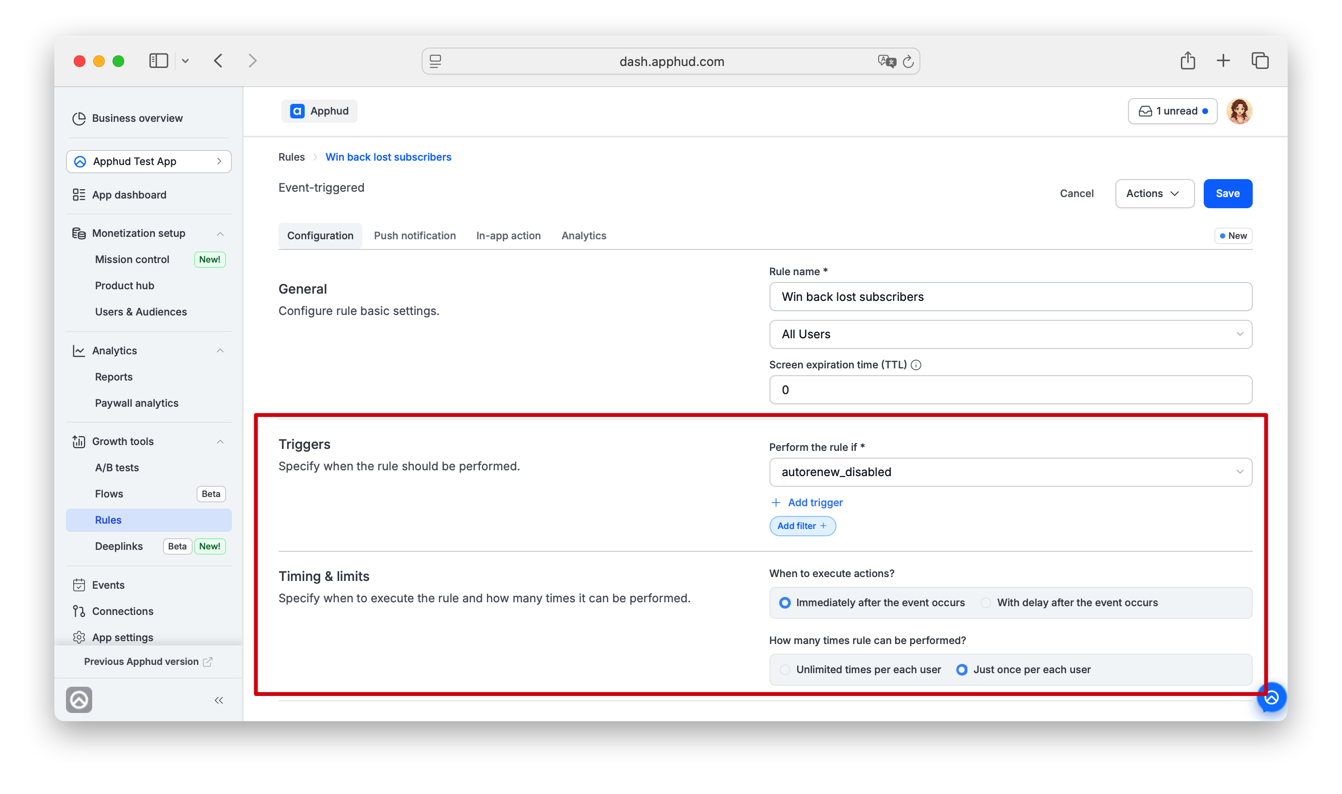 Apphud - Rules - Event Triggered Configuration page