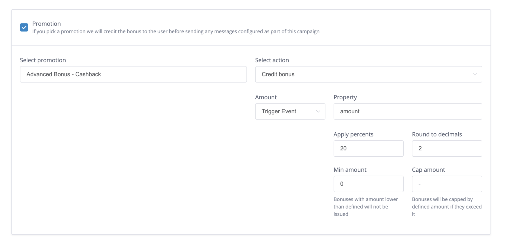 Configure a 20% cashback bonus for your campaign