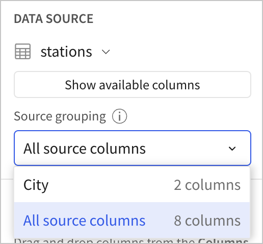 Data source for the data element with grouping option open to show available selections.