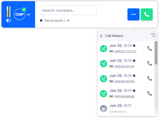 Screenshot of the Call History screen: mini mode
