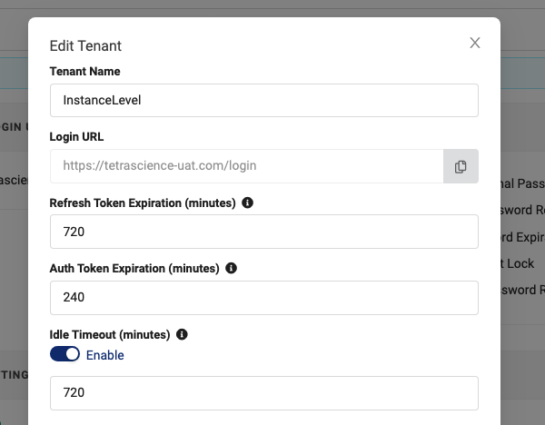 Timeout settings in the Edit Tenant dialog