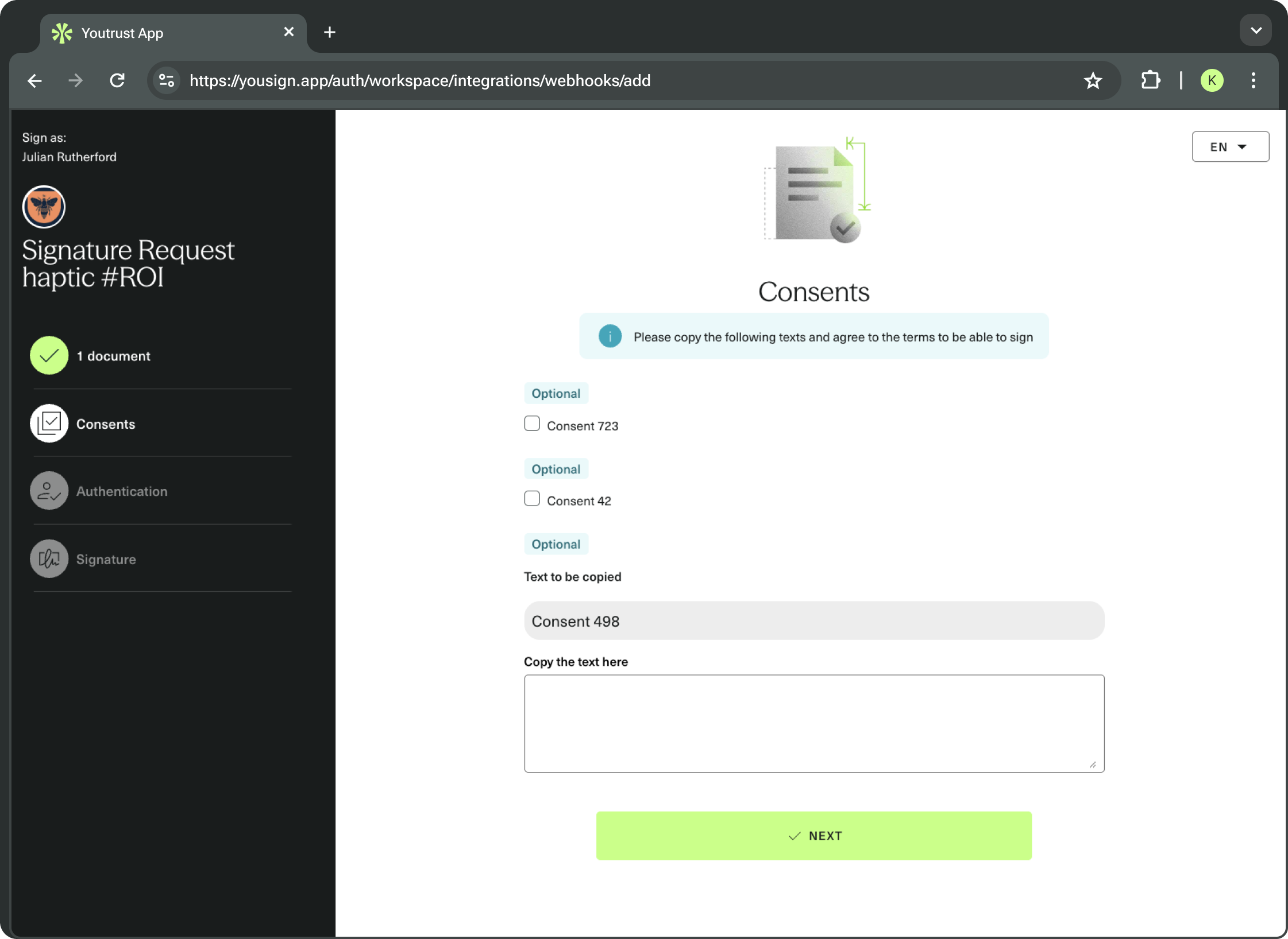 Signer Consent Request with a Document contextualisation