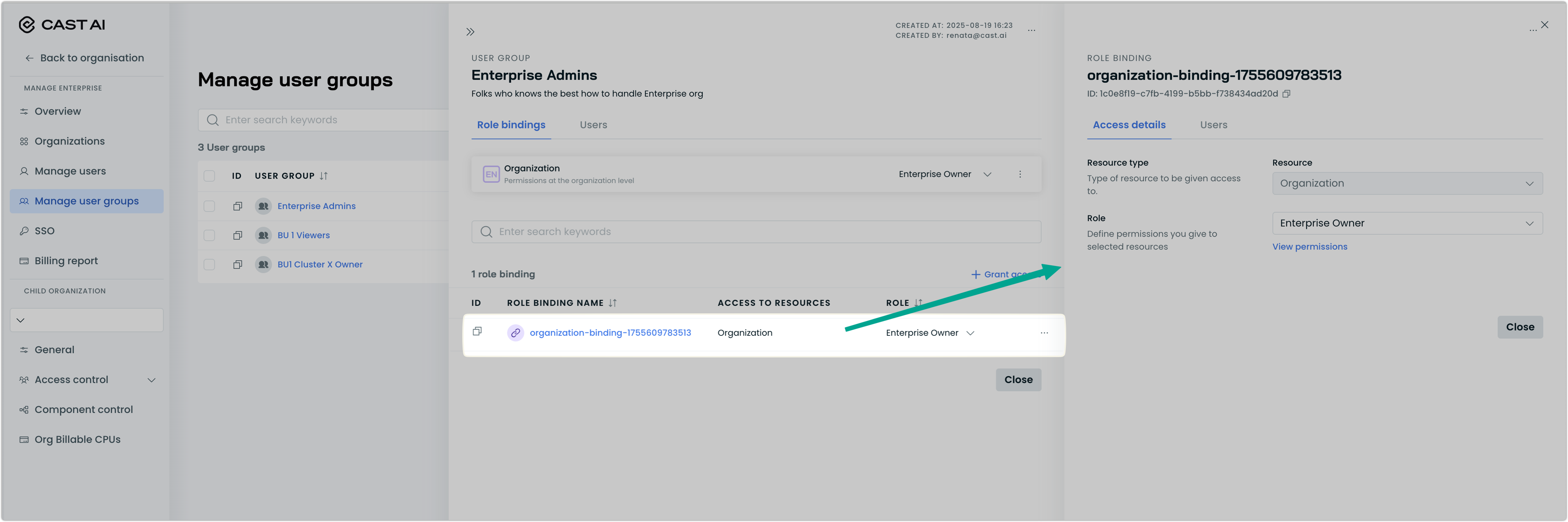 Role binding details panel showing resource type, access scope, and assigned role