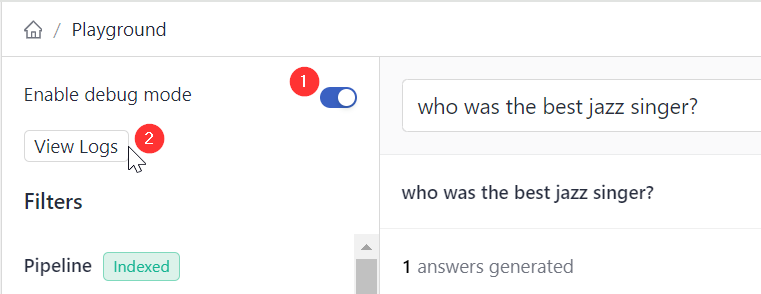 Playground with the debug mode enabled and the view logs option visible