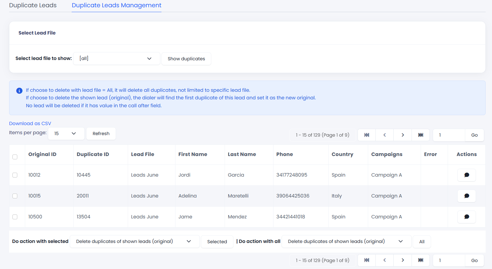 Screenshot of the Duplicate Leads Management tab