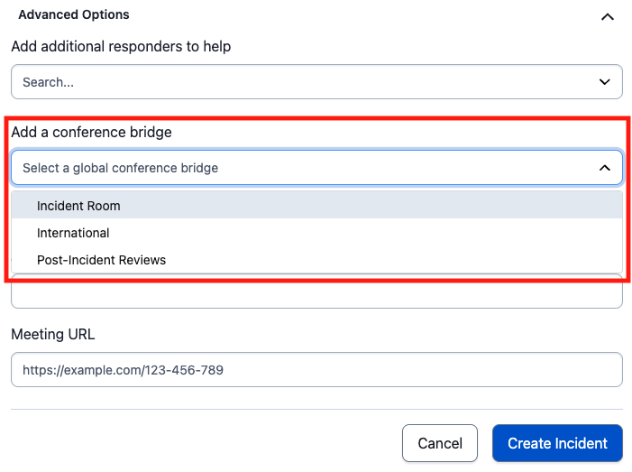 A screenshot of the PagerDuty UI indicating how to add a conference bridge to an incident