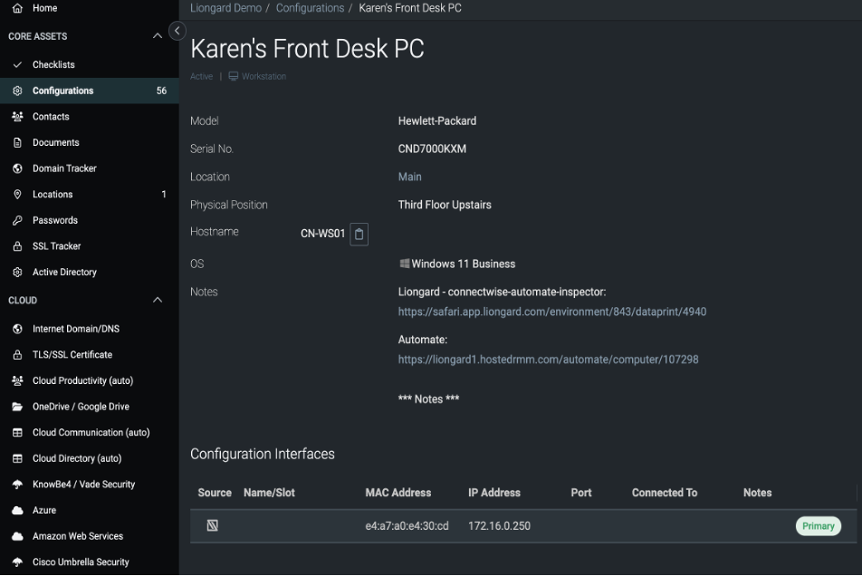 Sample automated Liongard data in an IT Glue's core configuration asset.