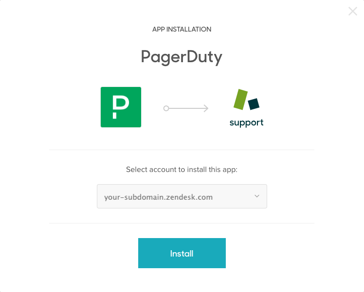 An image with a Zendesk account picker and an "Install" button