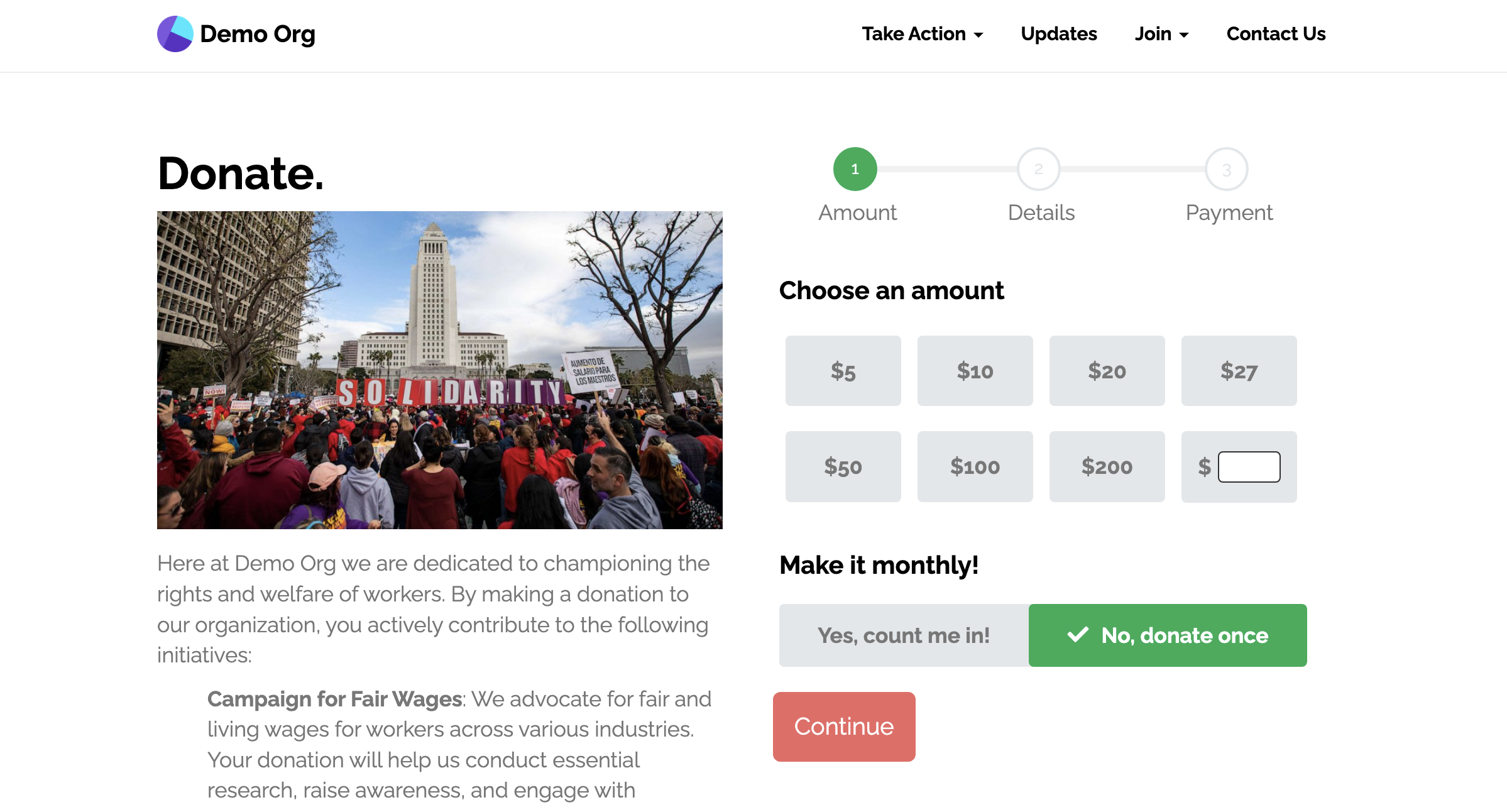 Visit the [demo donation page here](https://demo.solidarity.tech/donate)