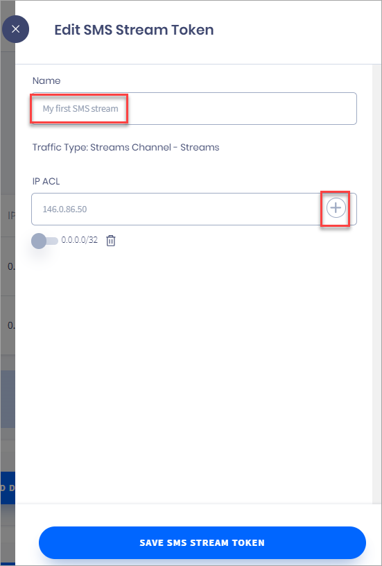 Screenshot of the **Edit SMS Stream Token** section