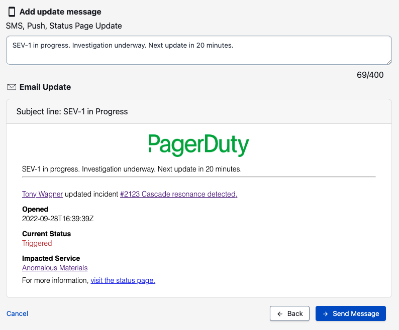 A screenshot of the PagerDuty web app showing a preview of the message that will be sent to subscribed stakeholders