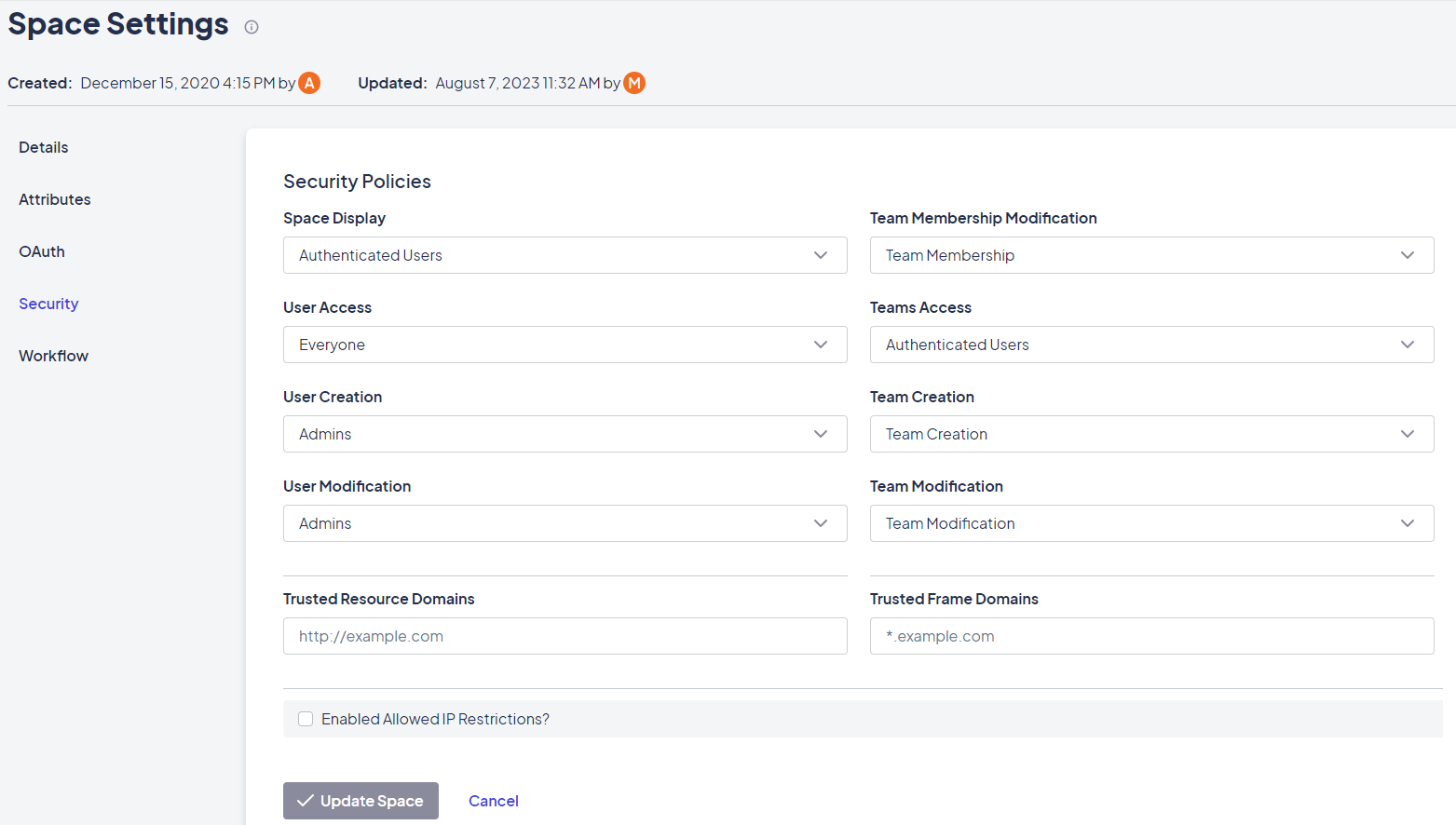 Space Settings: Security tab