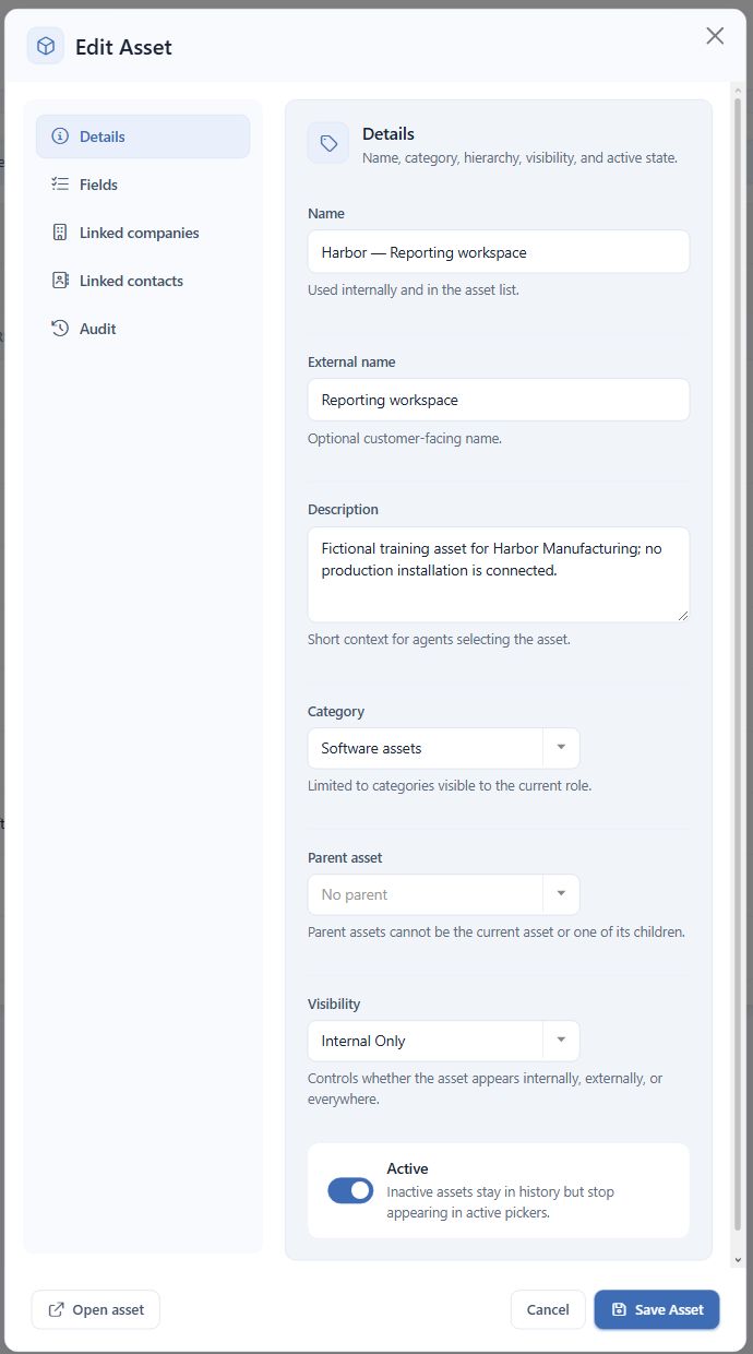 Saved Harbor — Reporting workspace asset in Software assets, with Internal Only visibility for this training example.