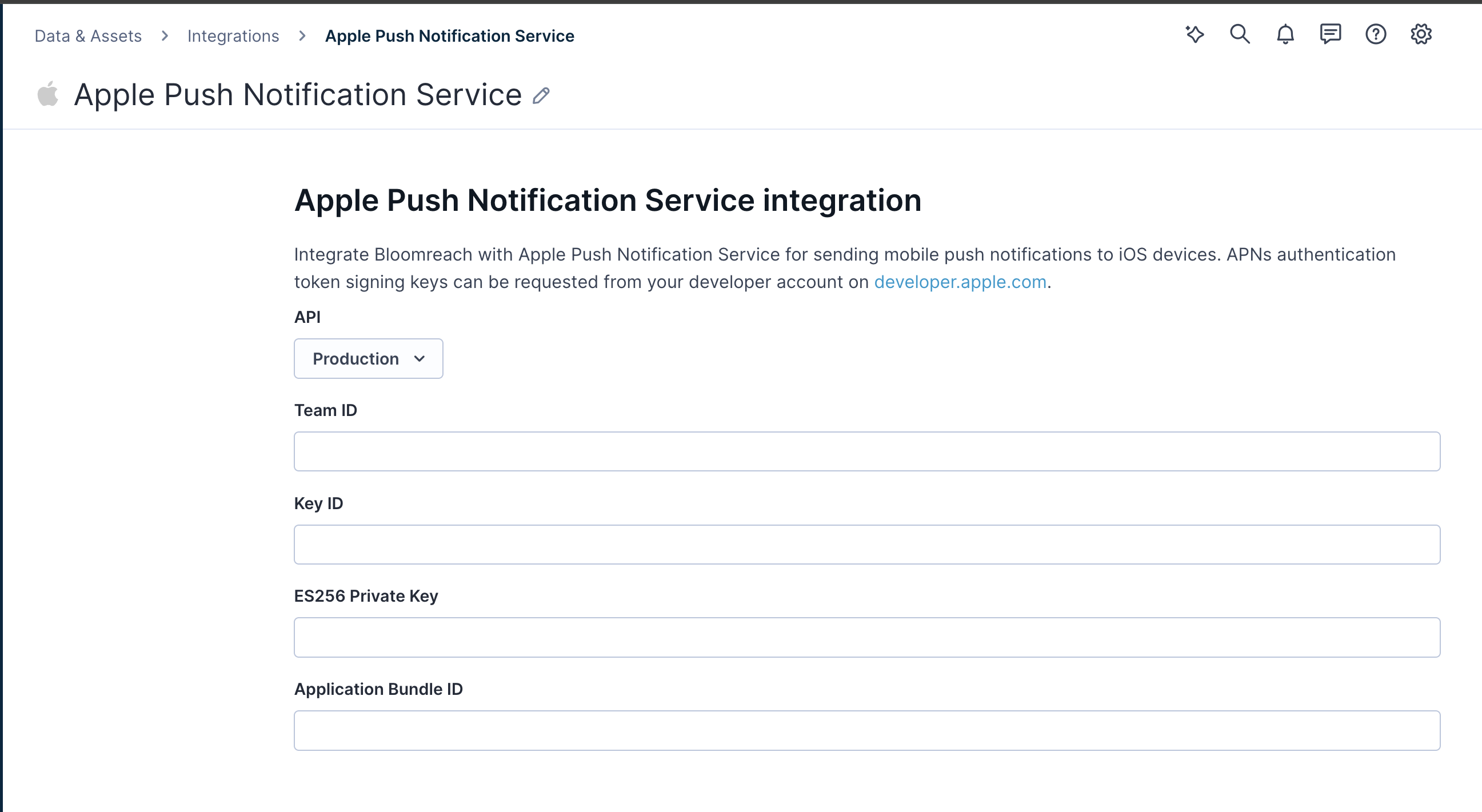 Apple Push Notification service integration configuration screen