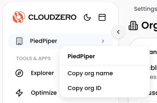 Right-click the tenant name to copy the Organization ID