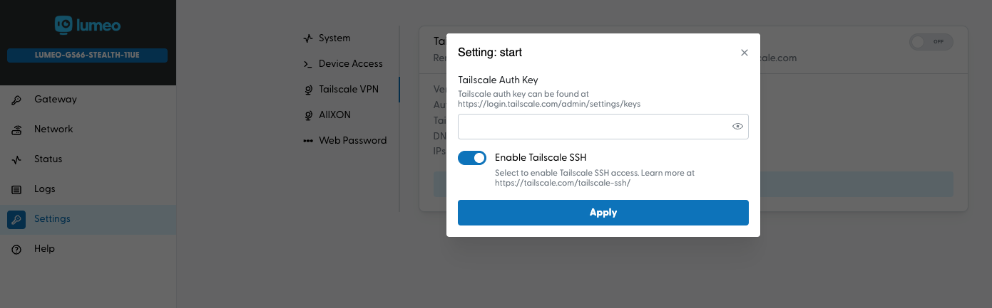 Click the "Off" button to bring up the settings dialog. Select "Enable Tailscale SSH" and leave the Auth key empty. Click Apply.