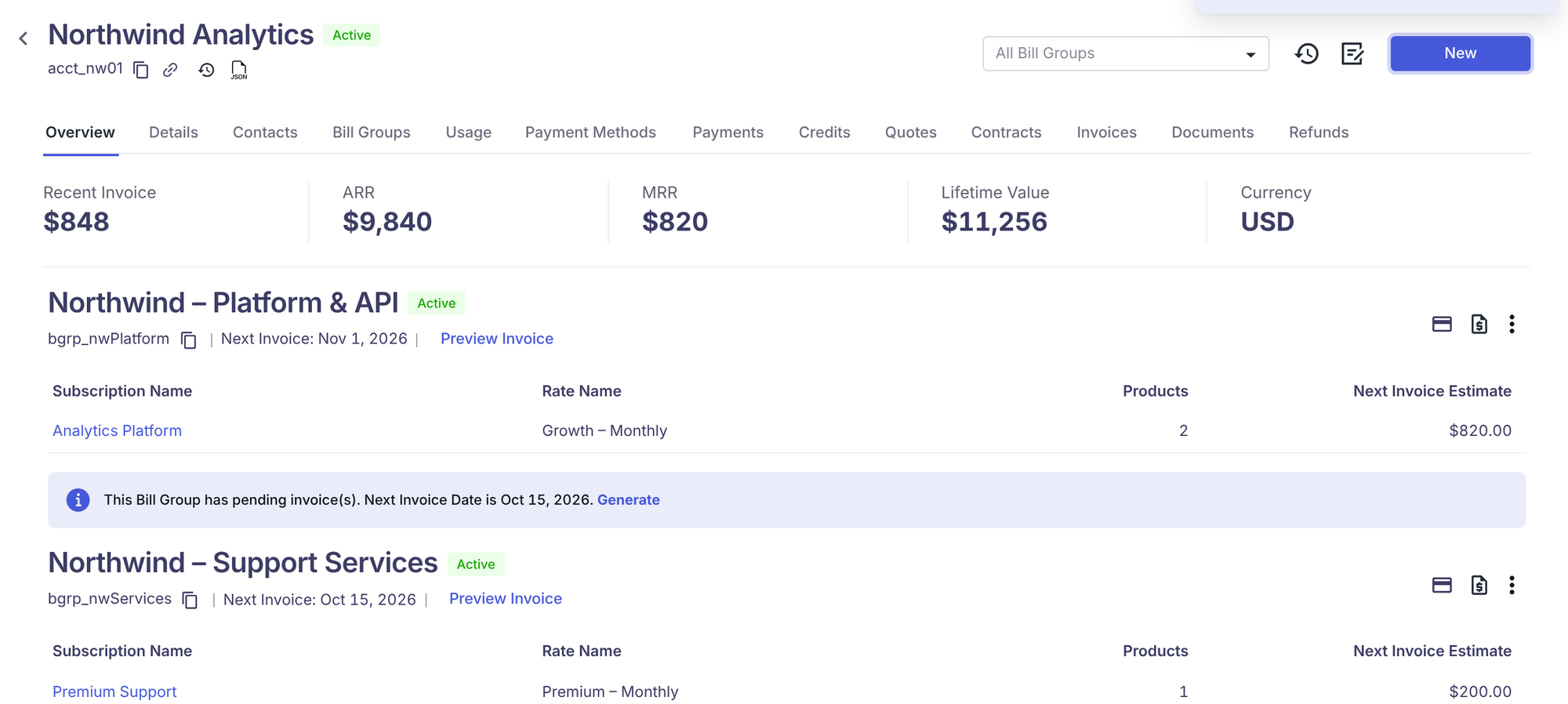 Account overview showing two bill groups. Northwind – Platform & API shows Next Invoice: Nov 1, 2026 and a Preview Invoice link. A blue banner above the second bill group reads "This Bill Group has pending invoice(s). Next Invoice Date is Oct 15, 2026. Generate".