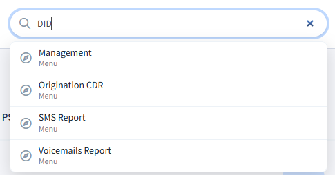 Screenshot: top navigation with the search bar and an open results list