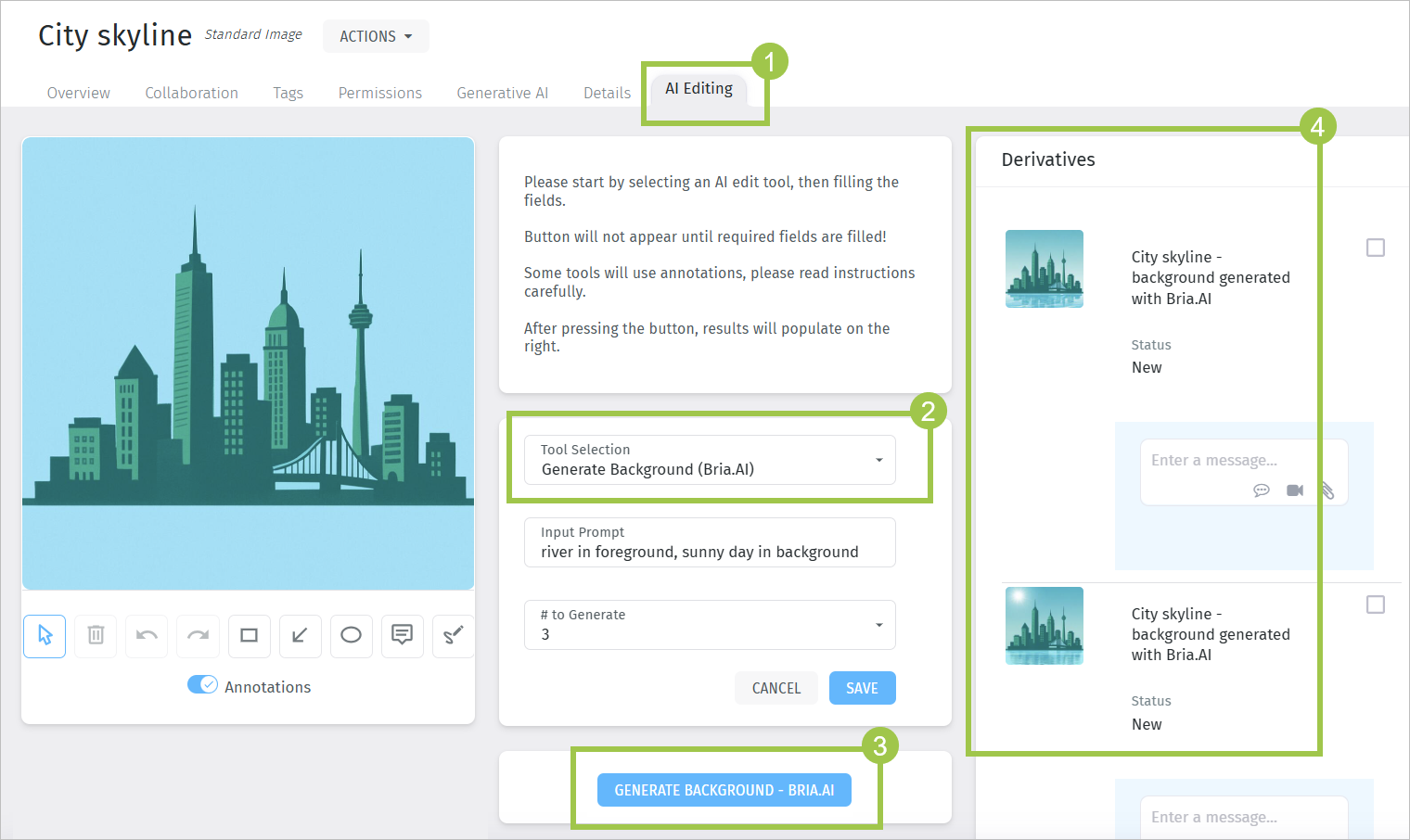 A custom AI-powered image manipulation tool built into the DAM