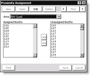 From Exposition, select Set up an exposition, double-click an exposition, click More, and select Booth Proximity
