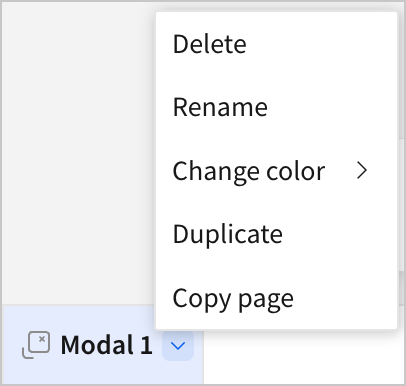 A screenshot of the modal menu that appears when selecting the caret next to that modal. Options read "Delete, Rename, Change Color, Duplicate, and Copy page"