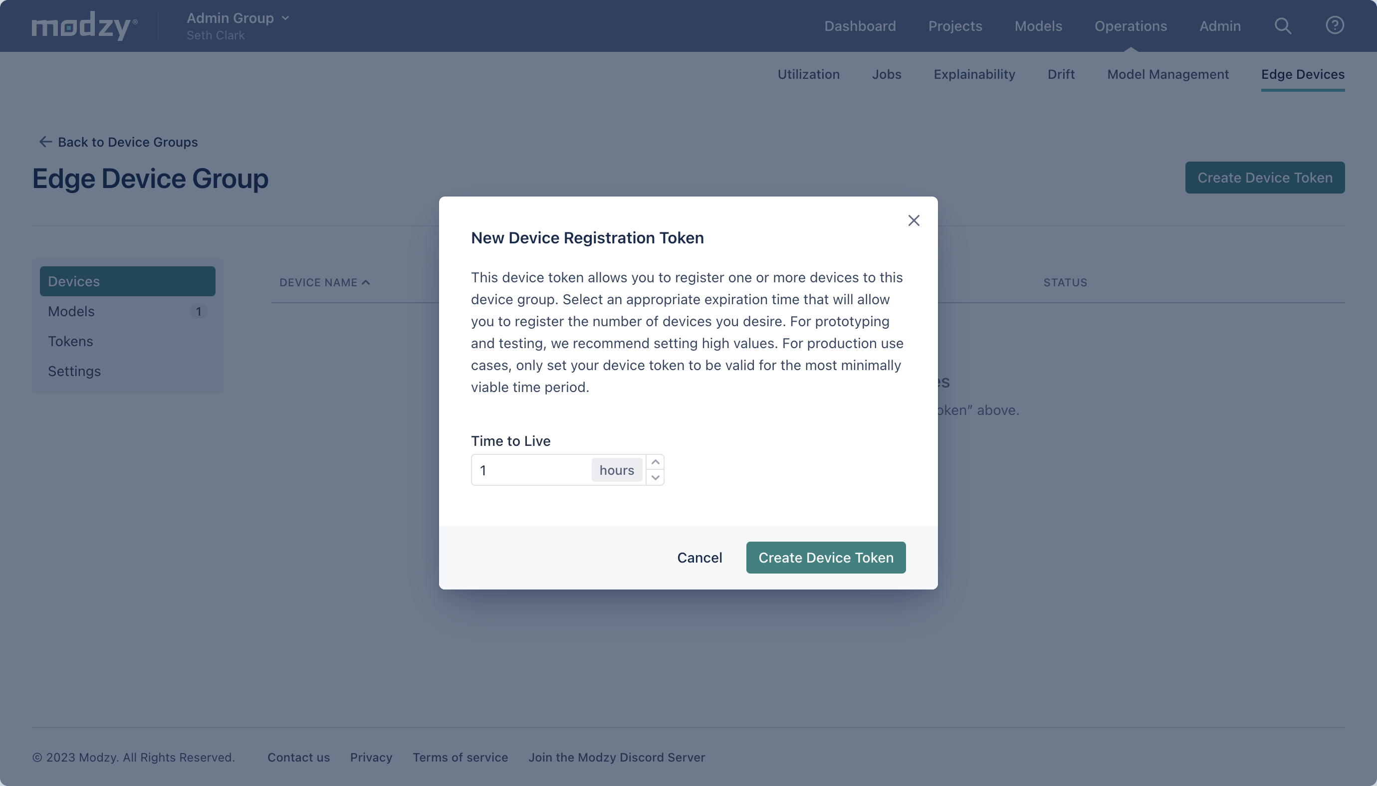 Device registration token creation page