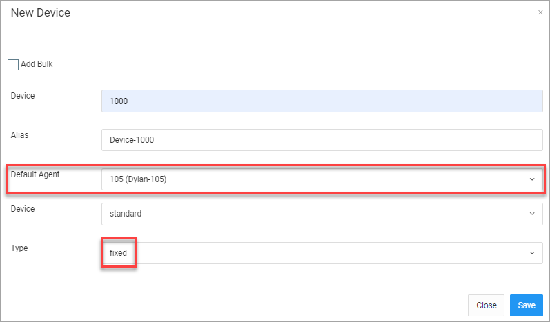  Screenshot of the fixed device default agent selection