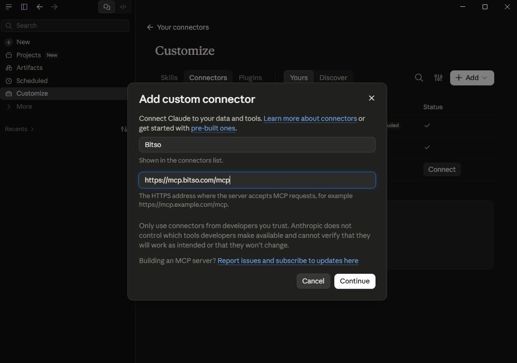 Add custom connector dialog with name Bitso and URL https://mcp.bitso.com/mcp