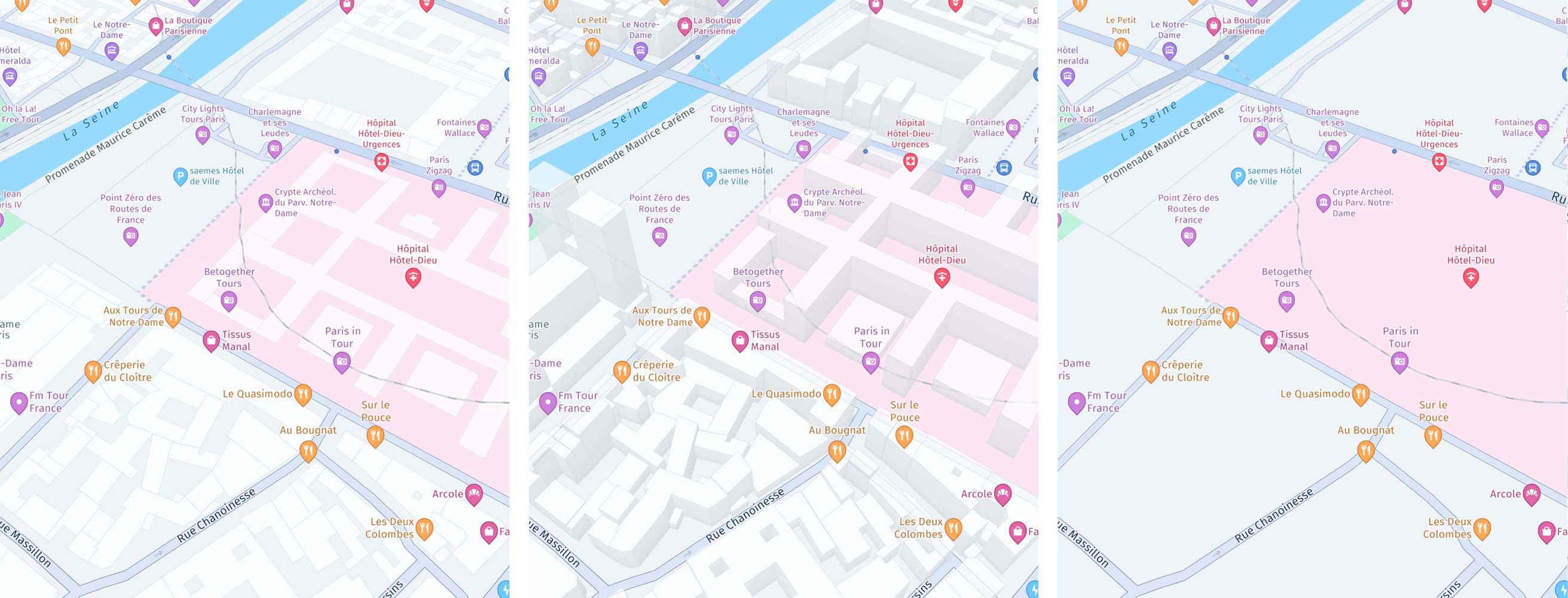 Screenshots (from left to right): MapFeatures.buildingFootprints combined with MapFeatureModes.buildingFootprintsAll shows 2D footprints of buildings. MapFeatures.extrudedBuildings combined with MapFeatureModes.extrudedBuildingsAll shows a 3D representation of buildings. MapFeatures.buildingFootprints and MapFeatures.extrudedBuildings are enabled by default. This is how it looks when they are disabled.