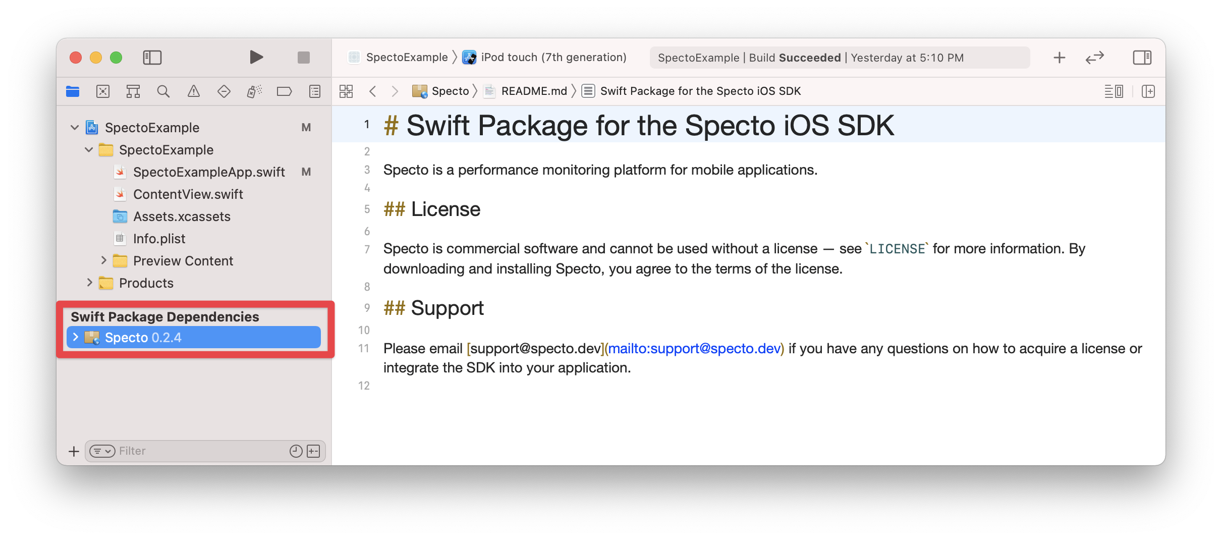 Successful integration of Specto as a Swift Package Dependency (step 5)