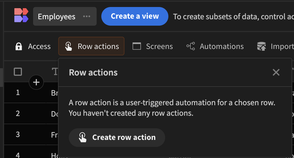 The context menu of creating a row action for the first time