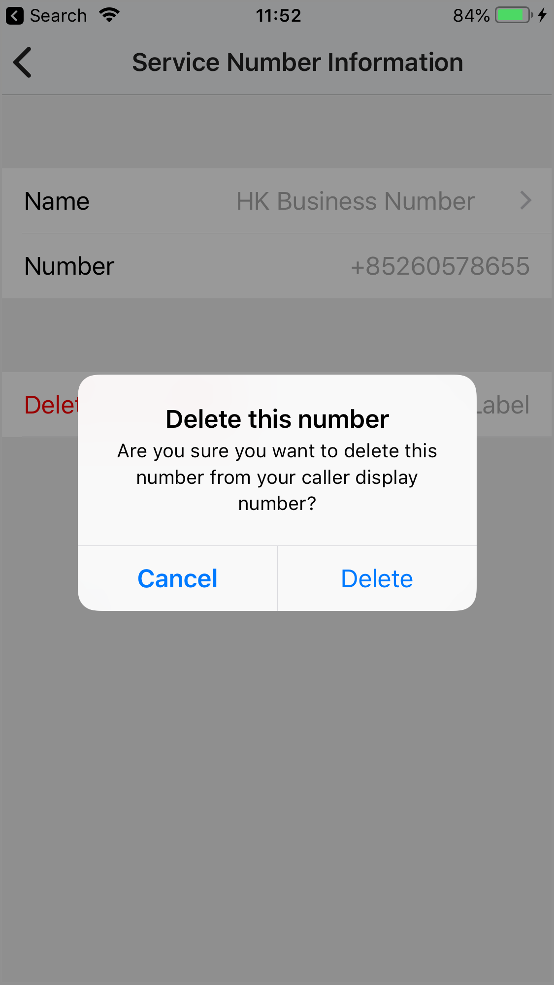 Delete Service Number Confirmation
