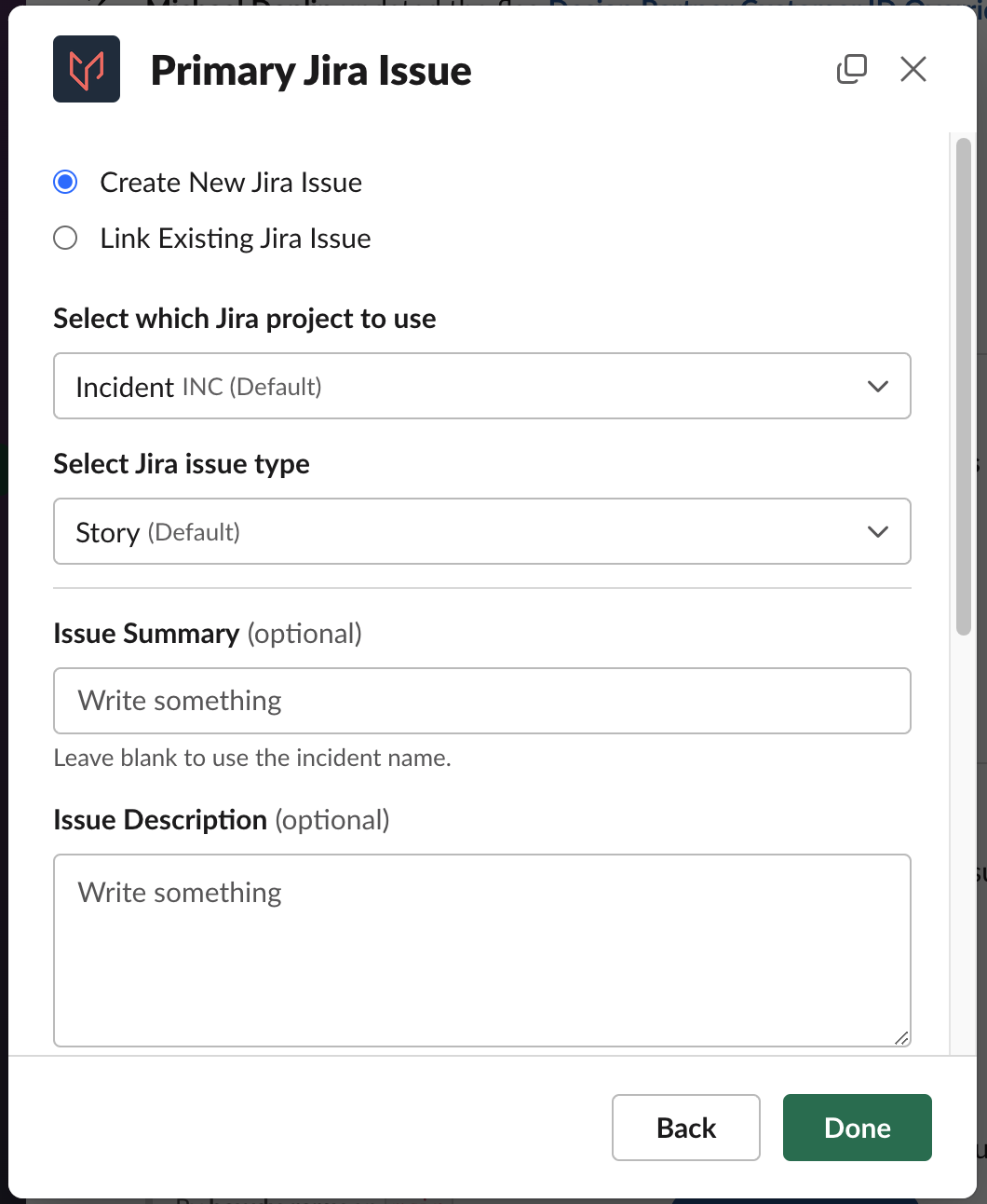 A screenshot of the Slack UI detailing fill in specifics for the primary Jira issue