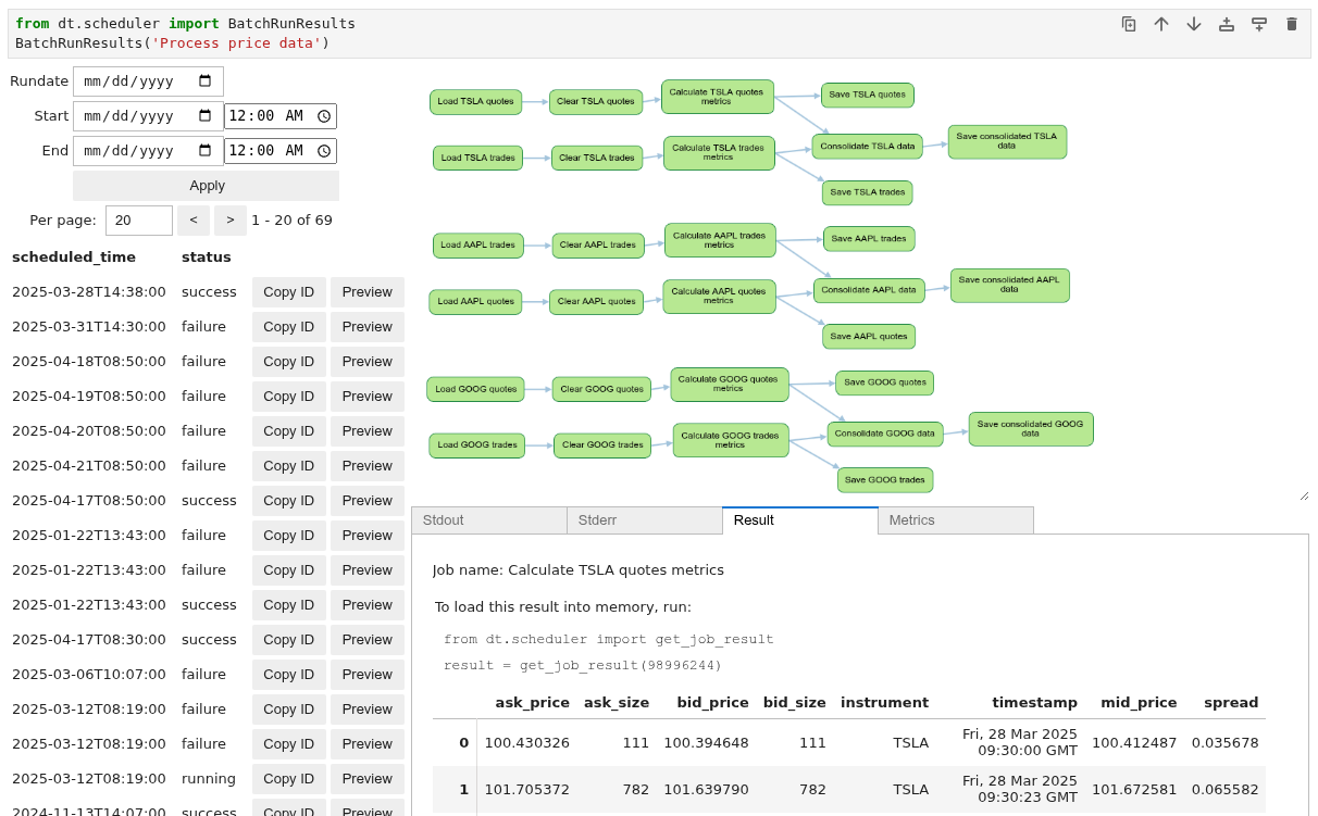 If only the batch name was specified, you will see a graph of your jobs, where you can click each node to preview stdout and stderr logs, metrics and the result. If the job name was specified as well, "Preview" button leads directly to strdout, stderr, metrics and results.