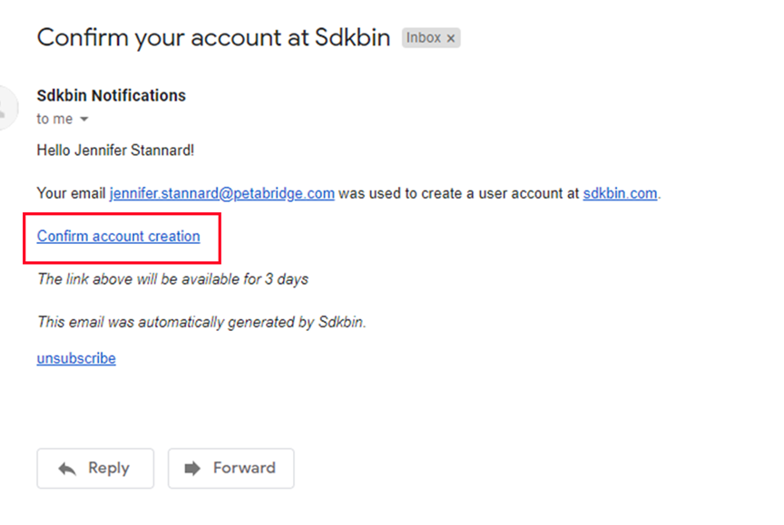 Confirming your Sdkbin account's email address.
