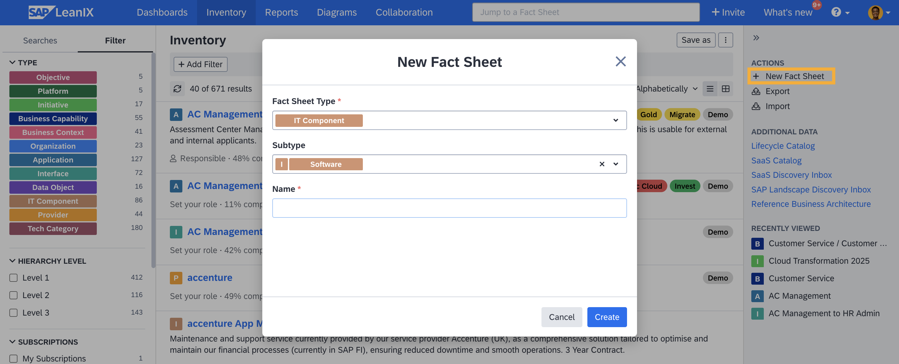 Creating a Fact Sheet in the Inventory