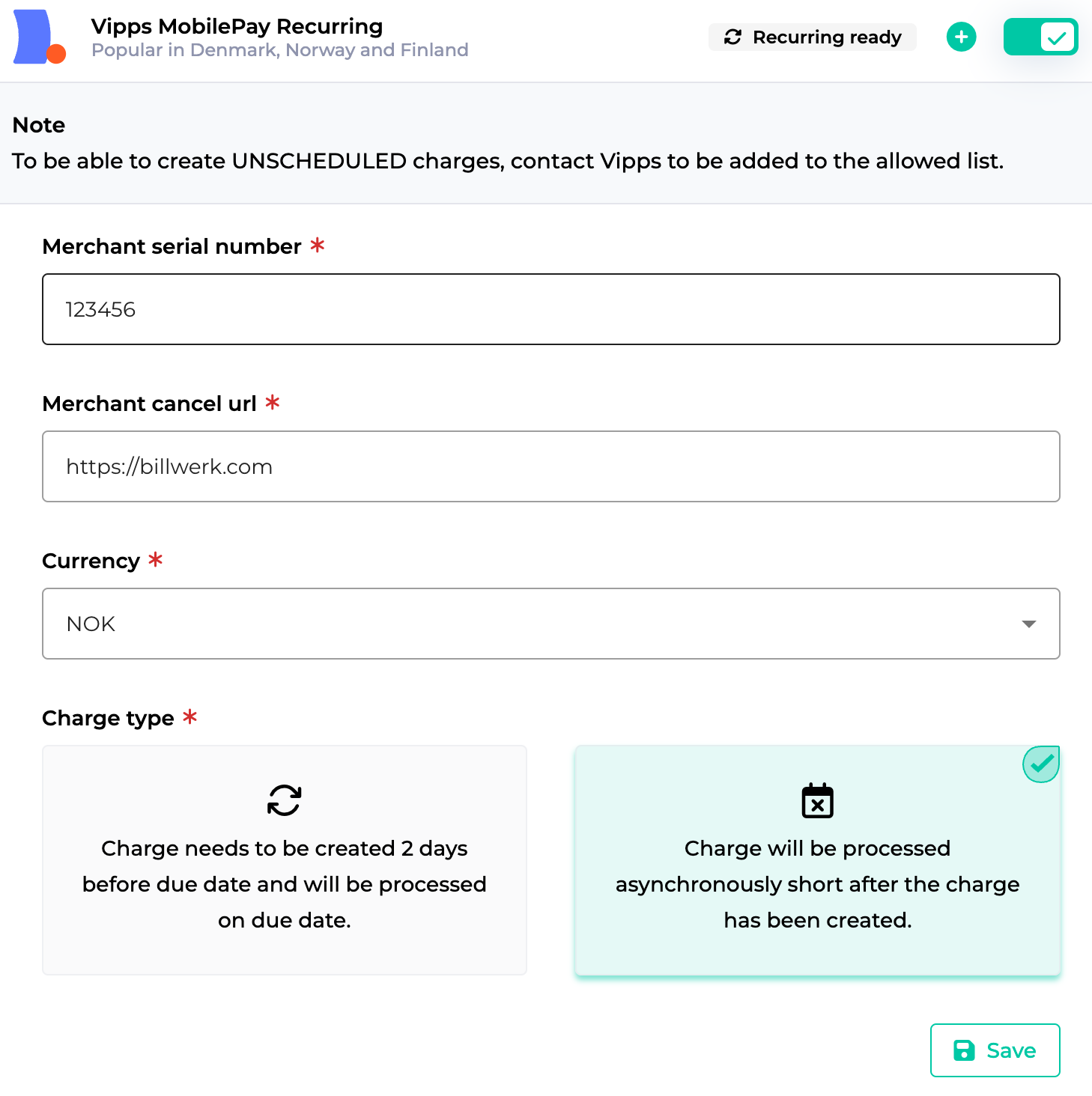 Vipps Recurring agreement setup with unscheduled charges activated