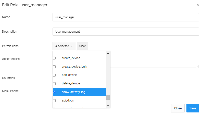 Screenshot of the **Edit Role** form with the **show_activity_log** permission enabled