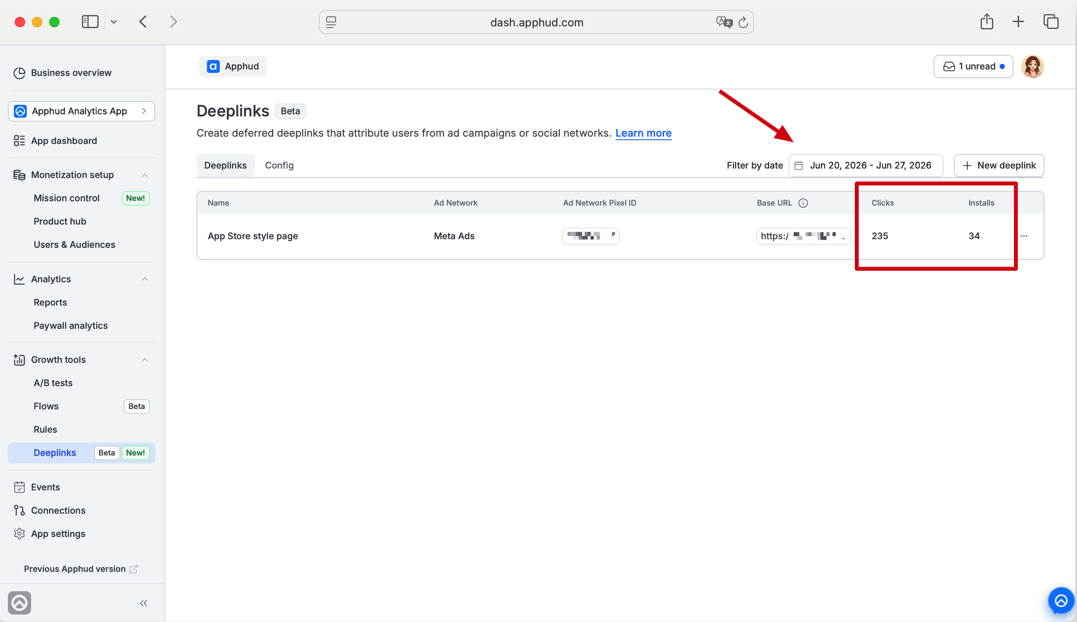 Apphud - Deeplinks Clicks and Installs metrics