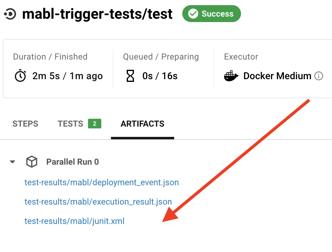 JUnit test results file is available in the Artifacts tab