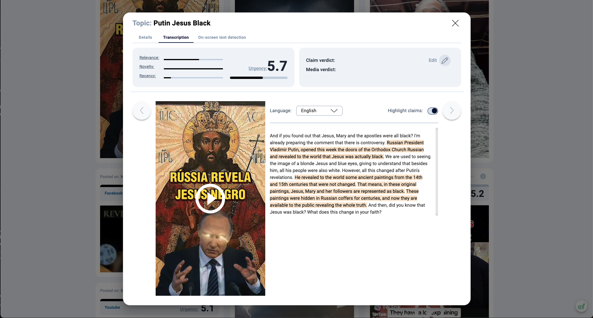 Transcriptions of a misleading video claiming that Putin revealed that Jesus was black. You can see a highlighted claim within the transcription. 